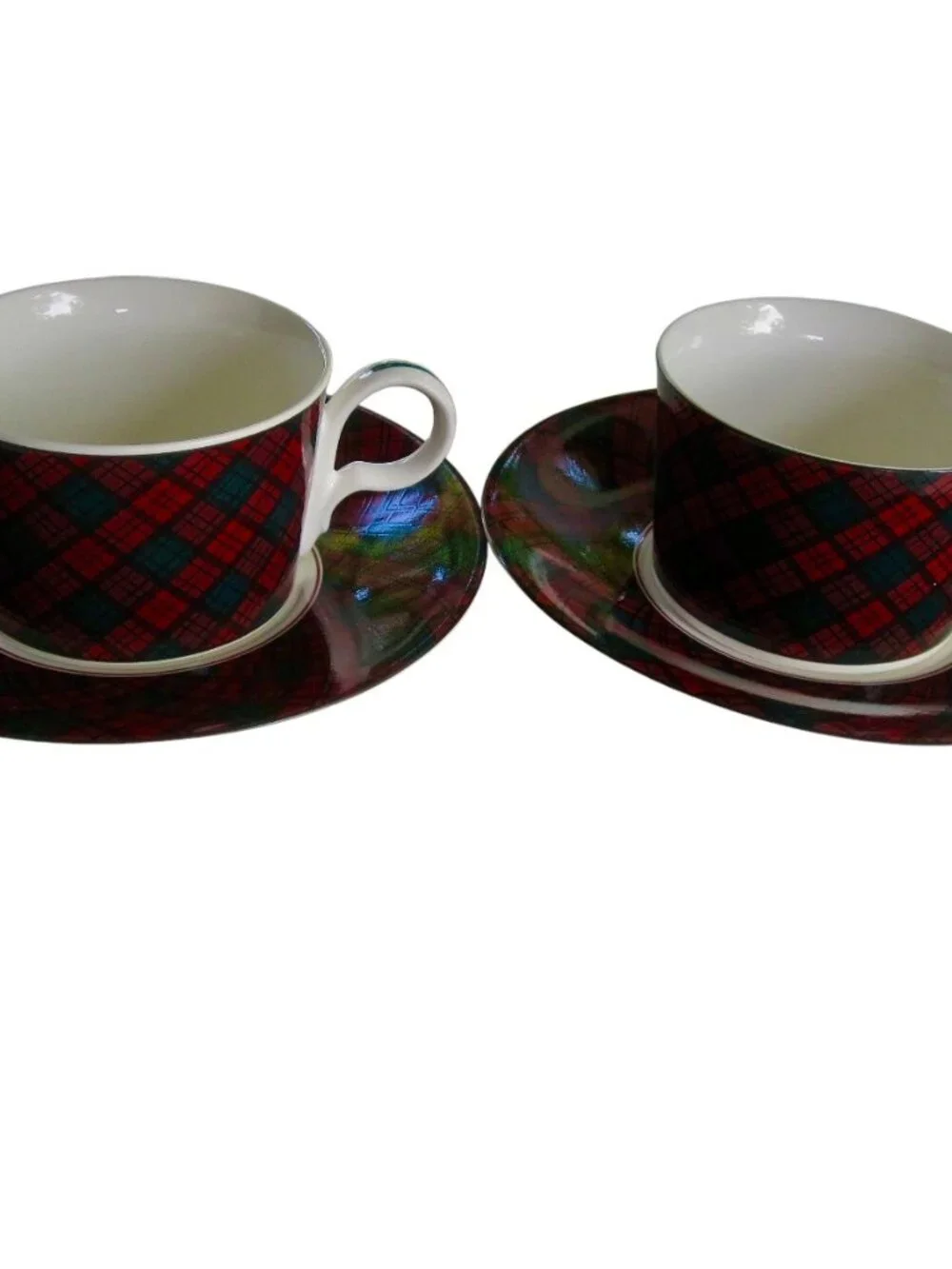 Vintage 80s Arita Tartan Red Plaid Cup & Saucer 2 Sets Preppy Christmas JAPAN